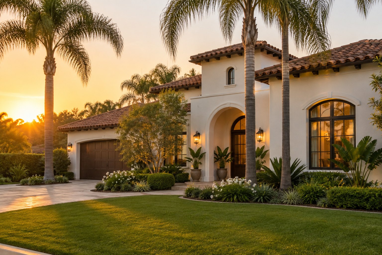A Southern California home with a tiled roof and palms, illustrative