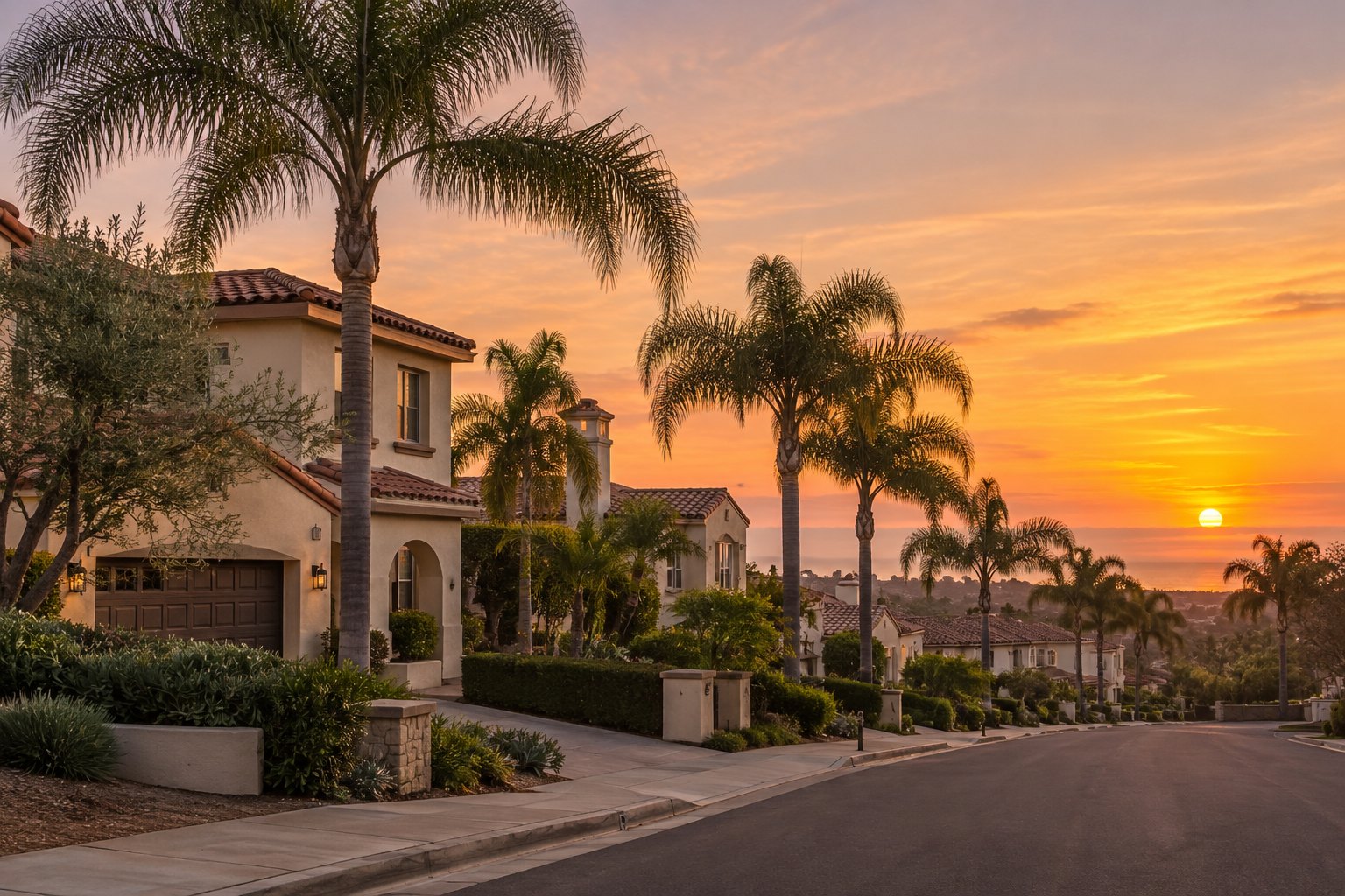 A residential street at sunset in San Diego, illustrative