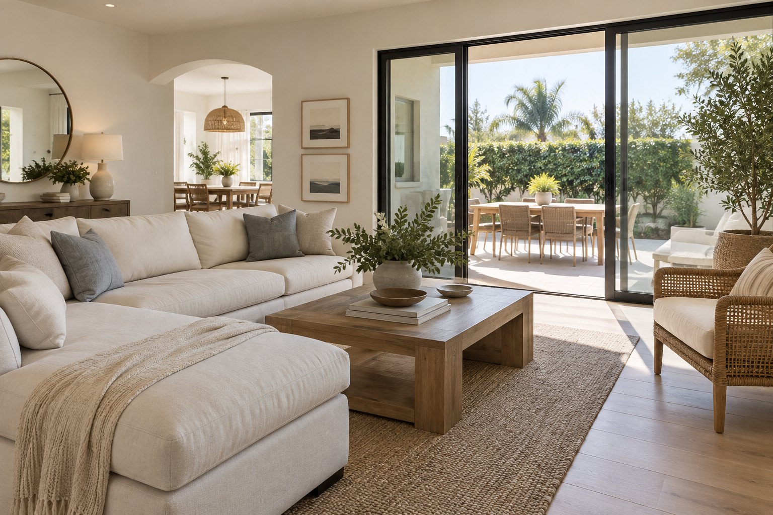 A cozy sunlit family room in a Southern California home, illustrative